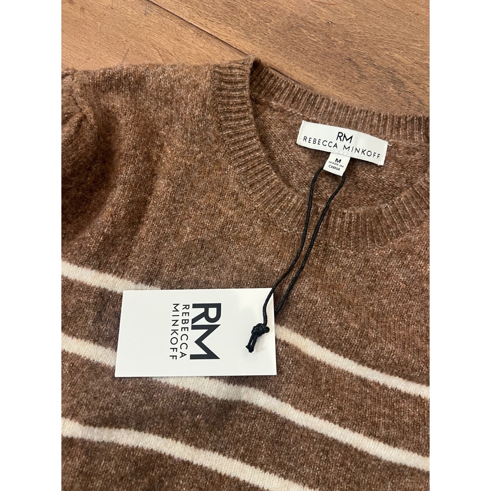 Rebecca Minkoff Brown Striped Puff Shoulder Button Accent Sweater NWT 7RMD8065J - Picture 6 of 7